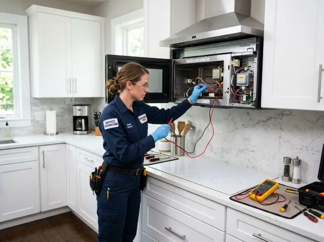 Appliance Repair Hero technician testing an over-the-range microwave in a Byron Center, MI kitchen
